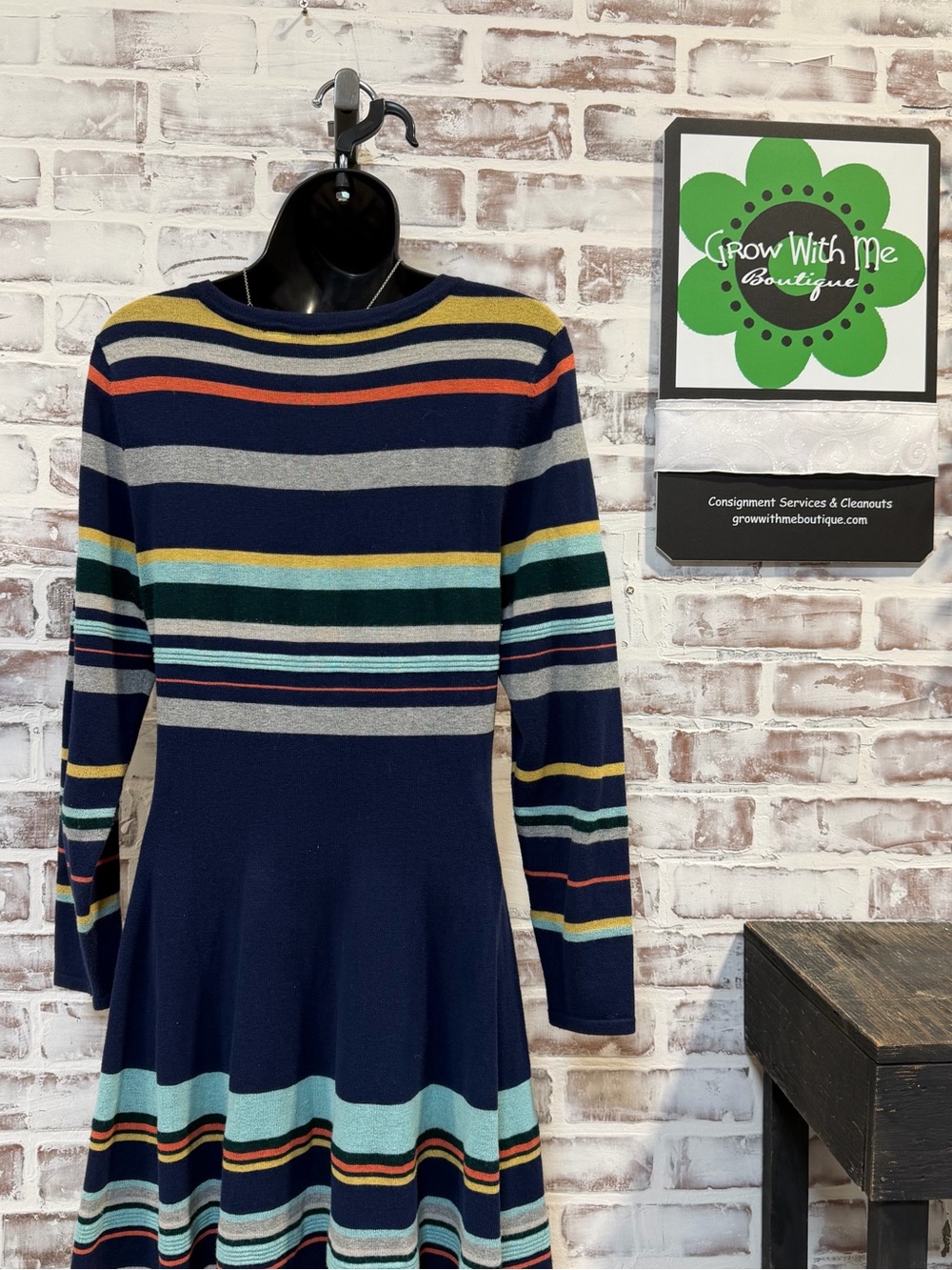 Moth Navy Multi-Stripe Long Sleeve Fit-and-Flare sweater Dress